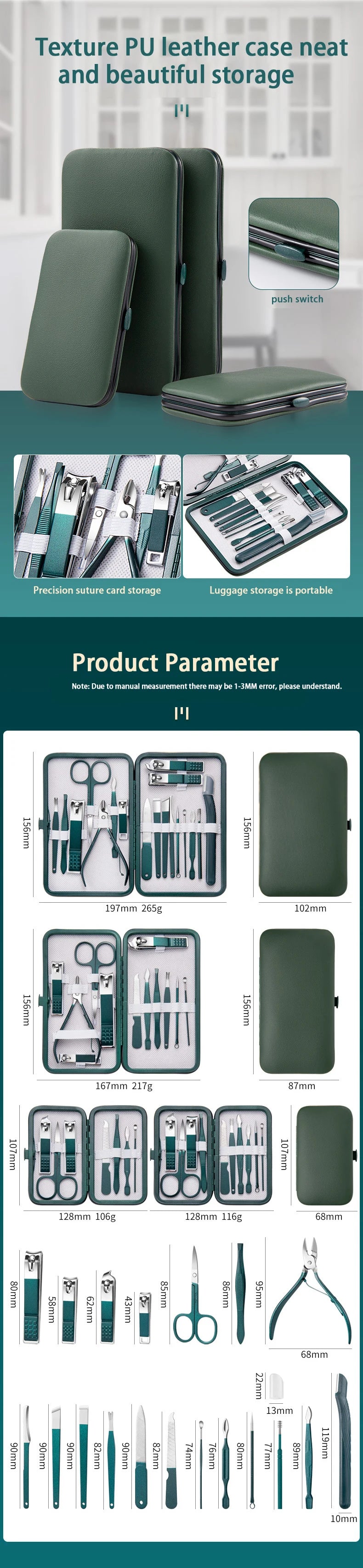 Professional 7/10/12/18 Piece Nail Care Kit Stainless Steel Manicure .