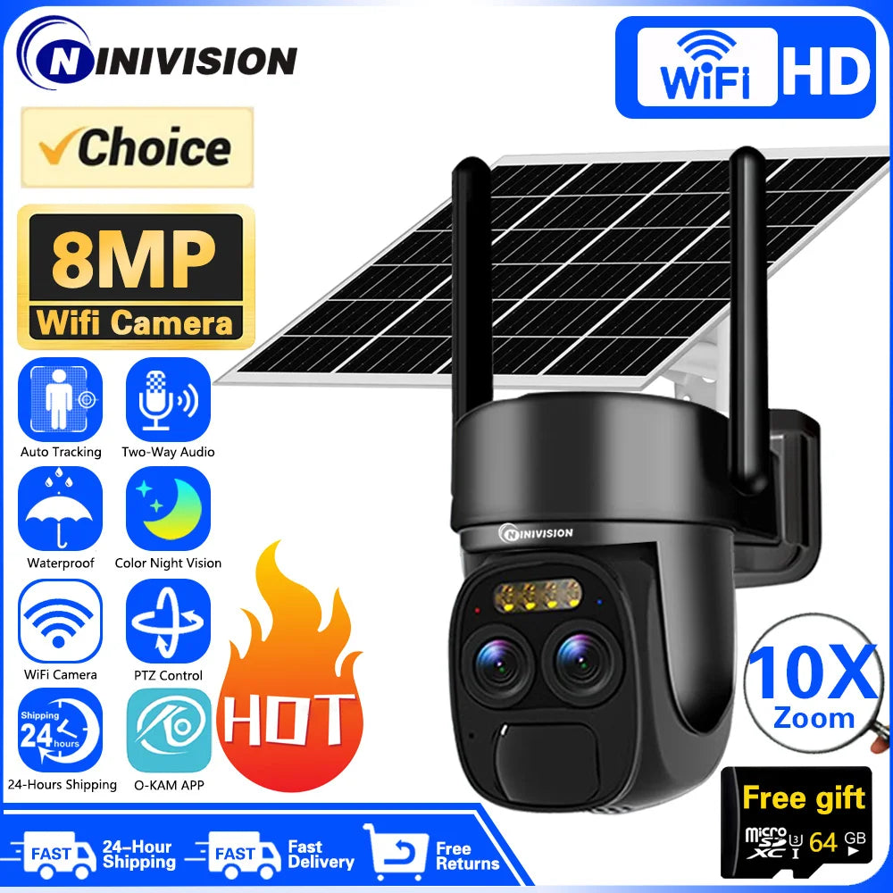 4K 8MP Dual Lens WIFI Solar Pane Camera Outdoor 10X Optical Zoom .