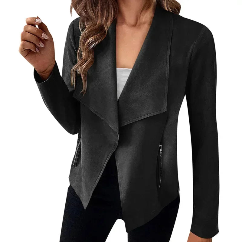Women's Suit Jacket Solid Suede Lapel Zipper Pocket .