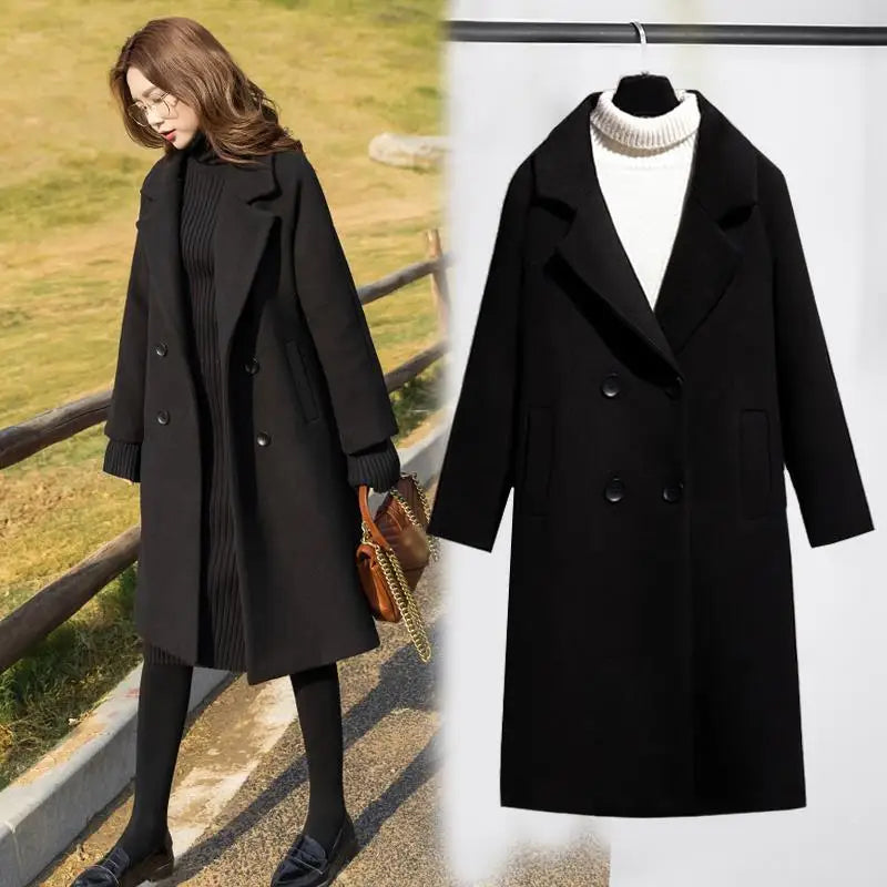 Black Woolen Coat Women's Mid Length New Style .
