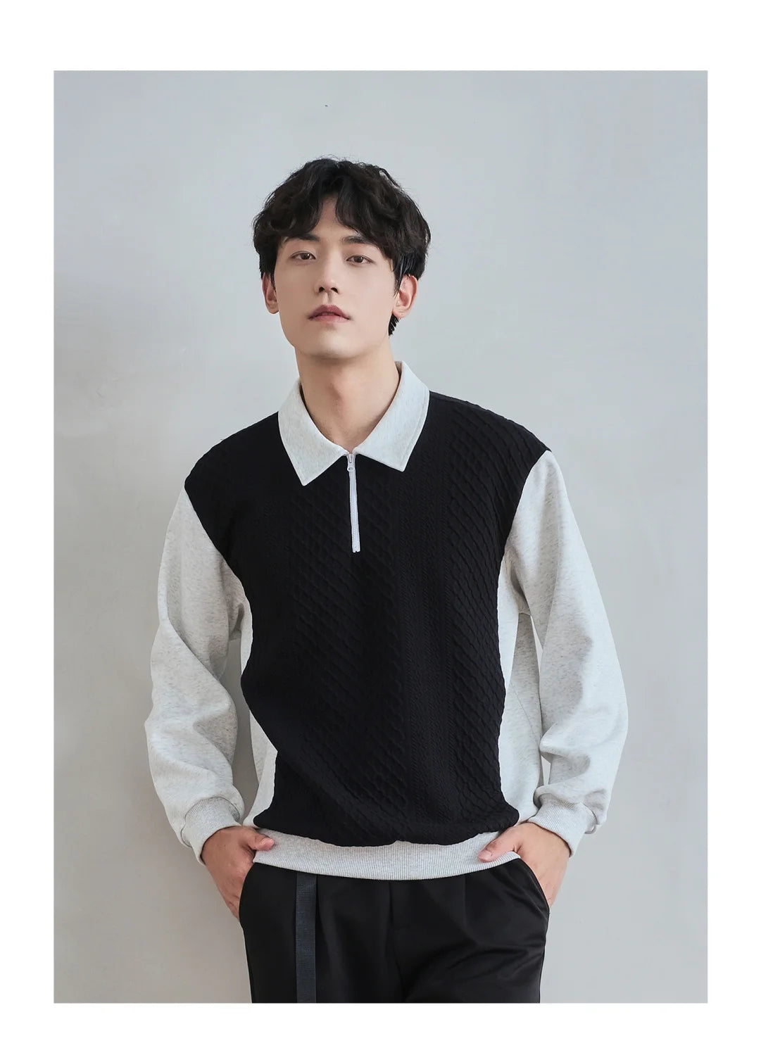 Trend Fashion Men Polo Shirts Spring Autumn New Lapel Half Zipper Fake Two Pieces Contrast Color Korean Casual Long Sleeve Tops