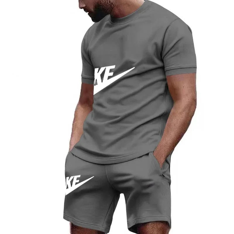 Men 2025 summer new casual sports suit Fashion breathable outdoor men's short-sleeved T-shirt + training shorts two-piece set
