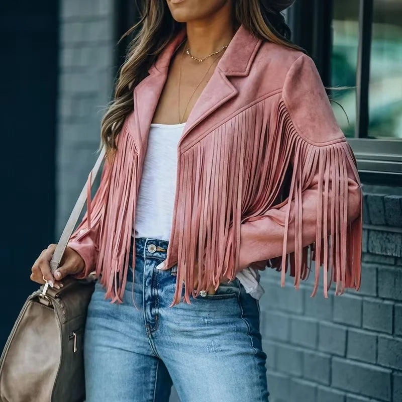 New women Motor Biker Cardigan OutwearsFaux Suede Tassel Jacket.