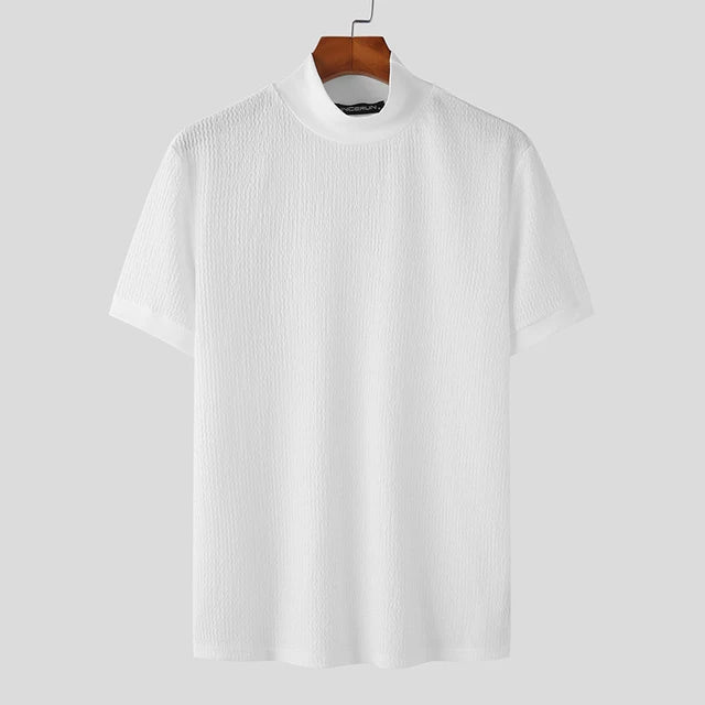 New Summer Fashion Tight T-shirt Casual Streetwear Textured High-neck Solid Color Short-sleeved Bottoming Tees Korean Style Tops