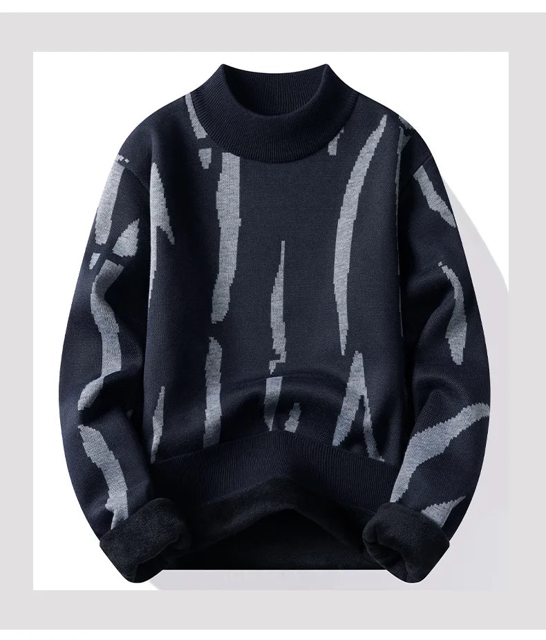 2024 M-4XL Autumn/Winter New Men's Sweater Half High Collar Zebra Pattern Color Blocked Velvet Knitted Sweater Warm Hoodie Top