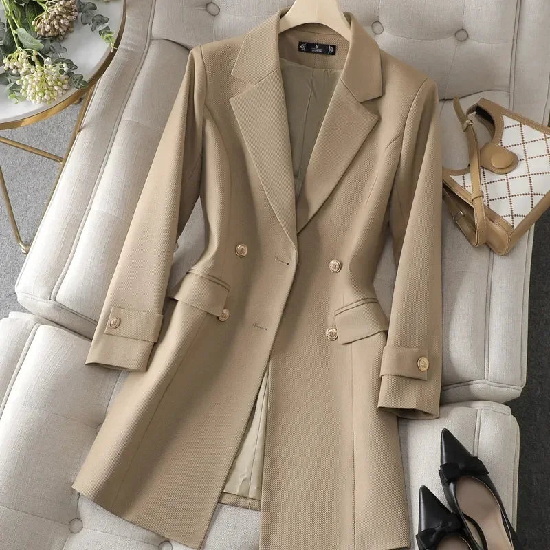 Autumn Winter Jacket Women Long Blazer Khaki Coffee Black .