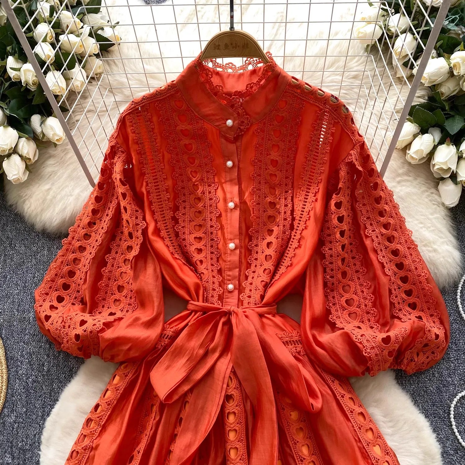 Spring Summer Embroidery Lace Stitching Hollow Out Midi Dress Women's Stand Collar Single Breasted Belt Loose Party Vestidos