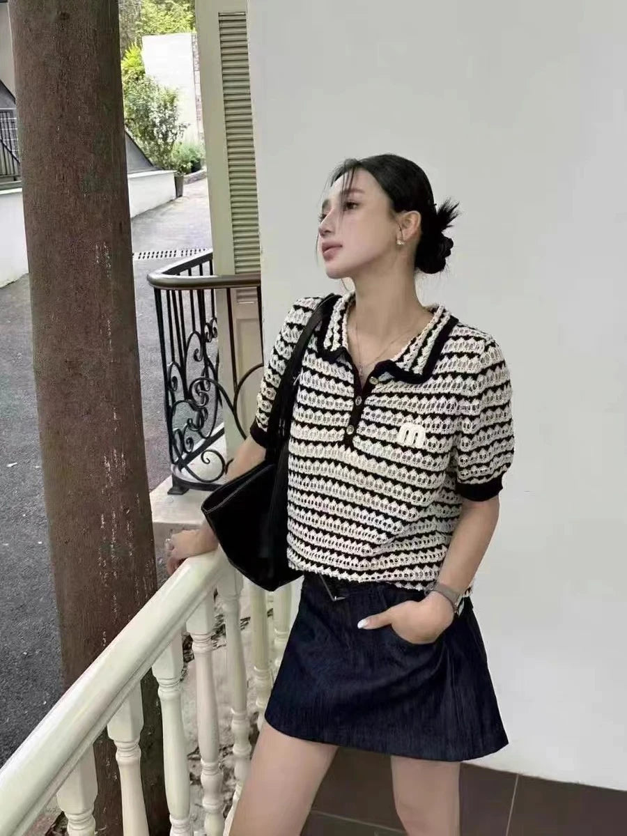 Knit Sweater T-shirts Women Embroidered Short Sleeve .