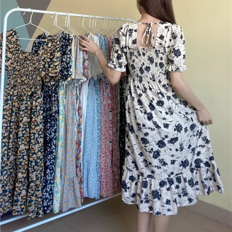 Spring Summer Elastic Waist Chiffon Dress Women Casual Dresses Fashion Female  Vestidos Short Sleeve Pleated A-line Dresses