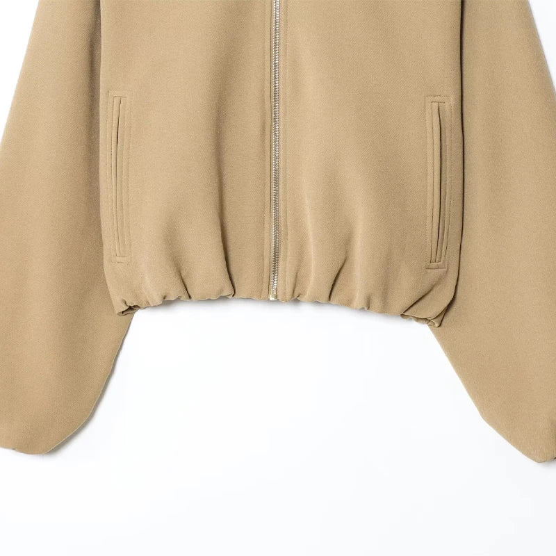 Casual Solid Zipper Lapel Short Jacket Women Long Sleeve .