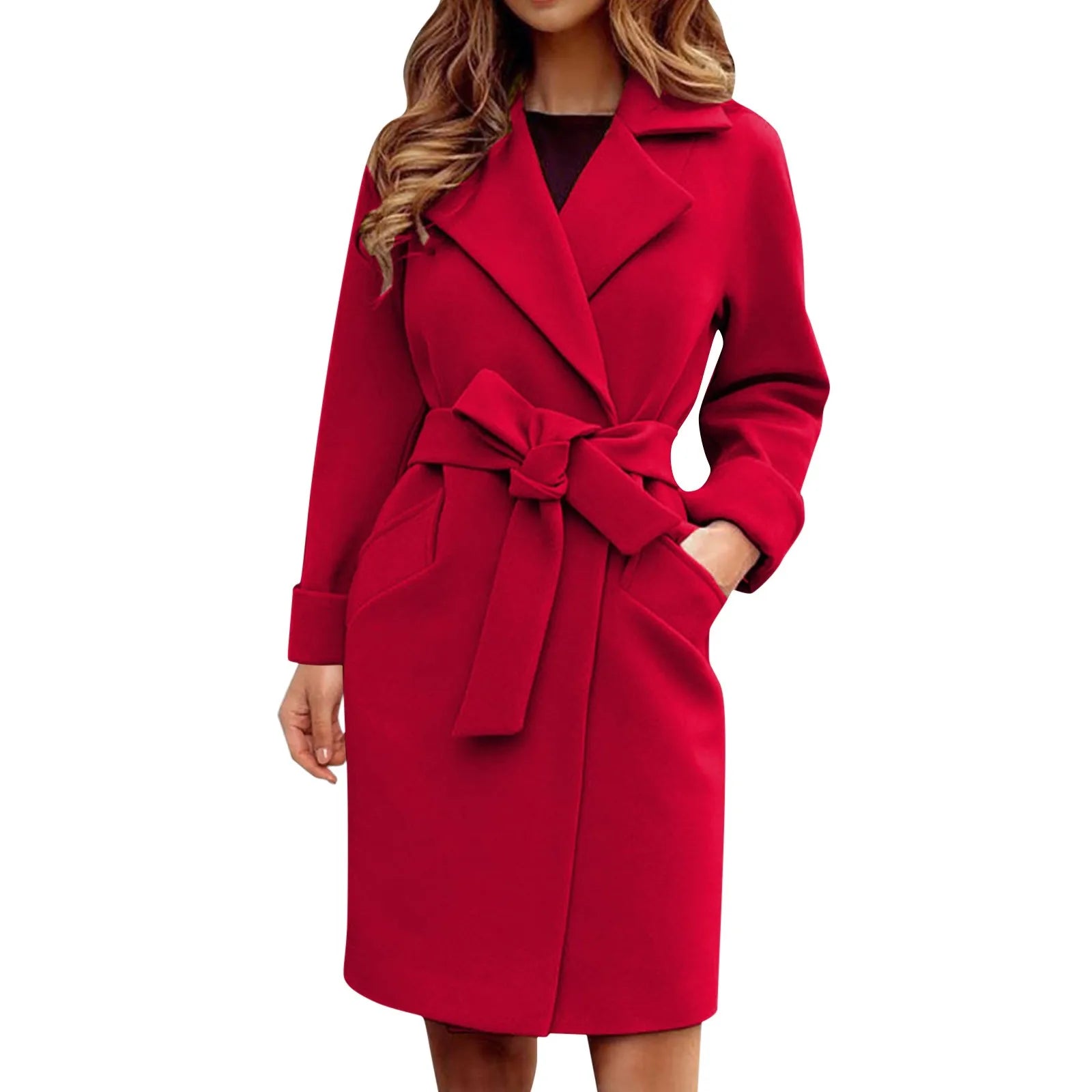 Women Hot Pink Trench Coat Casual Mid Long Overcoat.