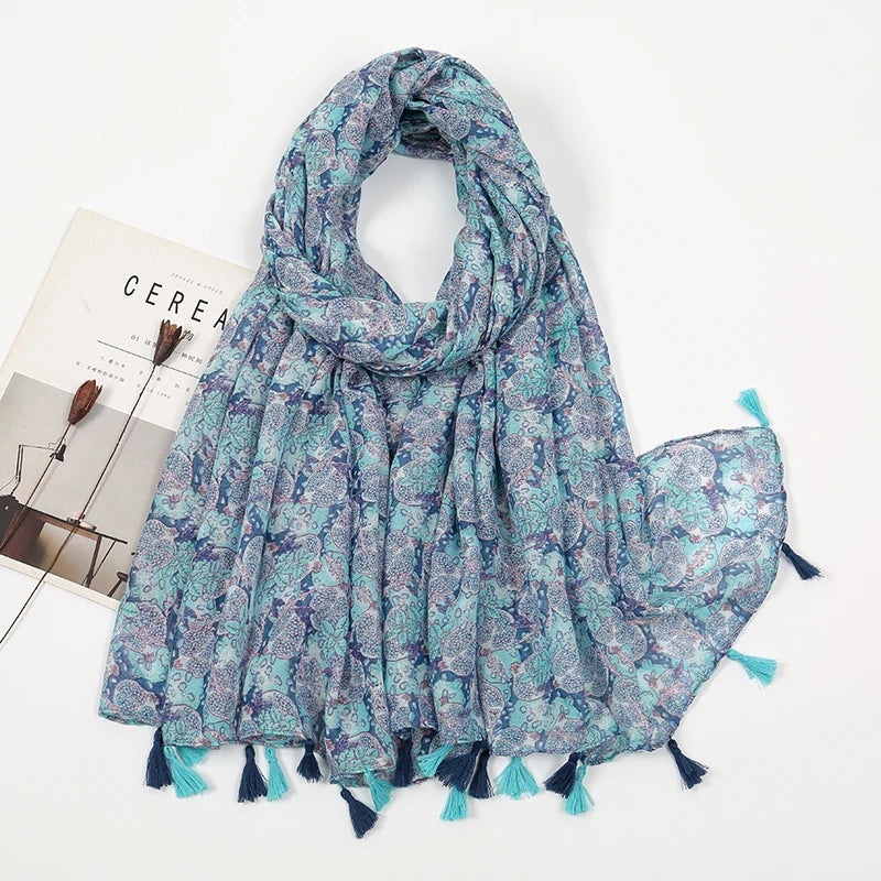 New Printed Soft Linen Cotton Scarf Shawls Women Muslim Hijabs Premium Foulard Femme Long Fresh Floral Tassel Scarves Echarpe