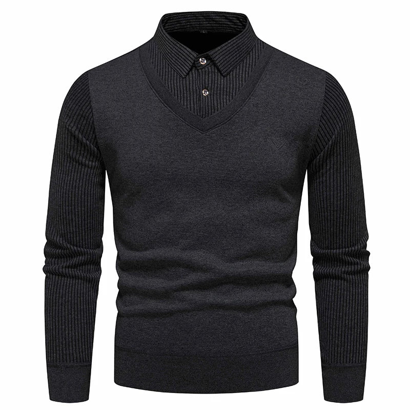 Autumn and Winter New Men's Fake Two Piece Sweater with Fleece and Slim Fit Polo Collar Knitted Bottom Shirt Thickened and Warm