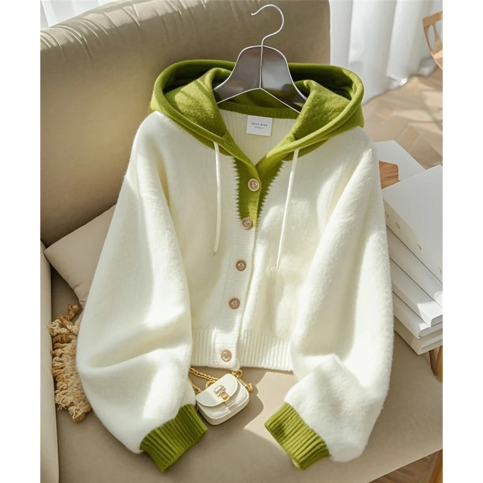 Women Spring Autumn Patchwork Knitted Cardigan Sweater 2025 New Korean Ladies Single Breasted Sweater Hooded Jacket Elegant Coat