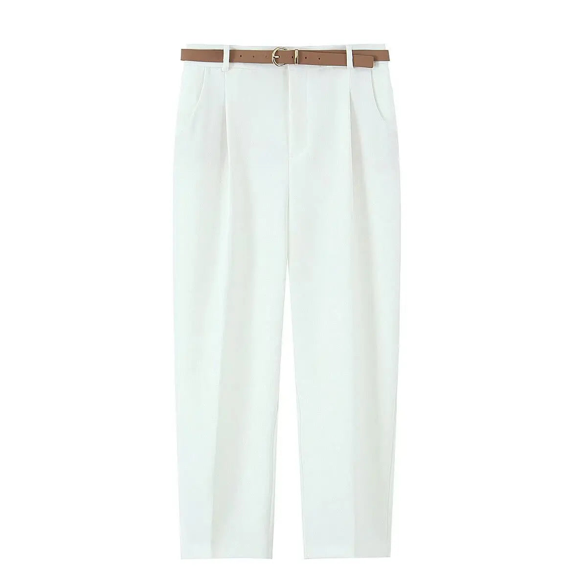 ZBZA Women's Belted Pleated Trousers High Waist Side Pockets .