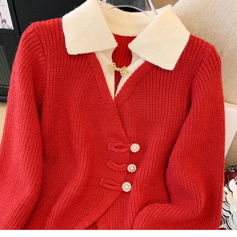 New 2025 Autumn Winter Design Splicing Slim Women Knitted Cardigan Sweater Jacket Fashion Fake Two Items Loose Ladies Top
