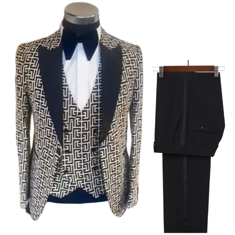 Plaid Men Suits for Gentleman Fashion Prom Party 3 Pcs Groom.