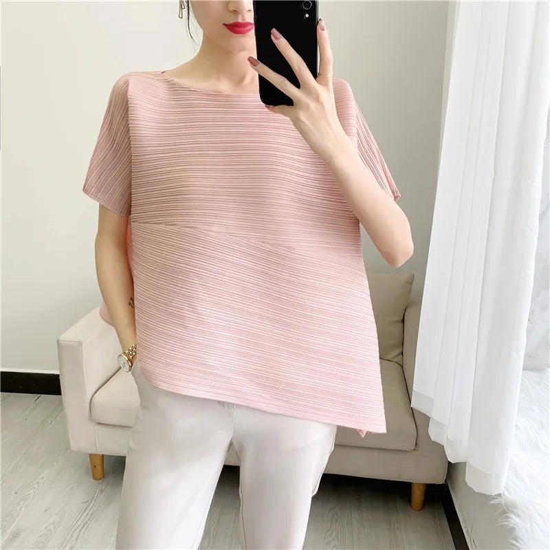 Miyake style pleated tops for women 2024 summer new high-end loose large size stretch fabric clothes temperament T-shirt
