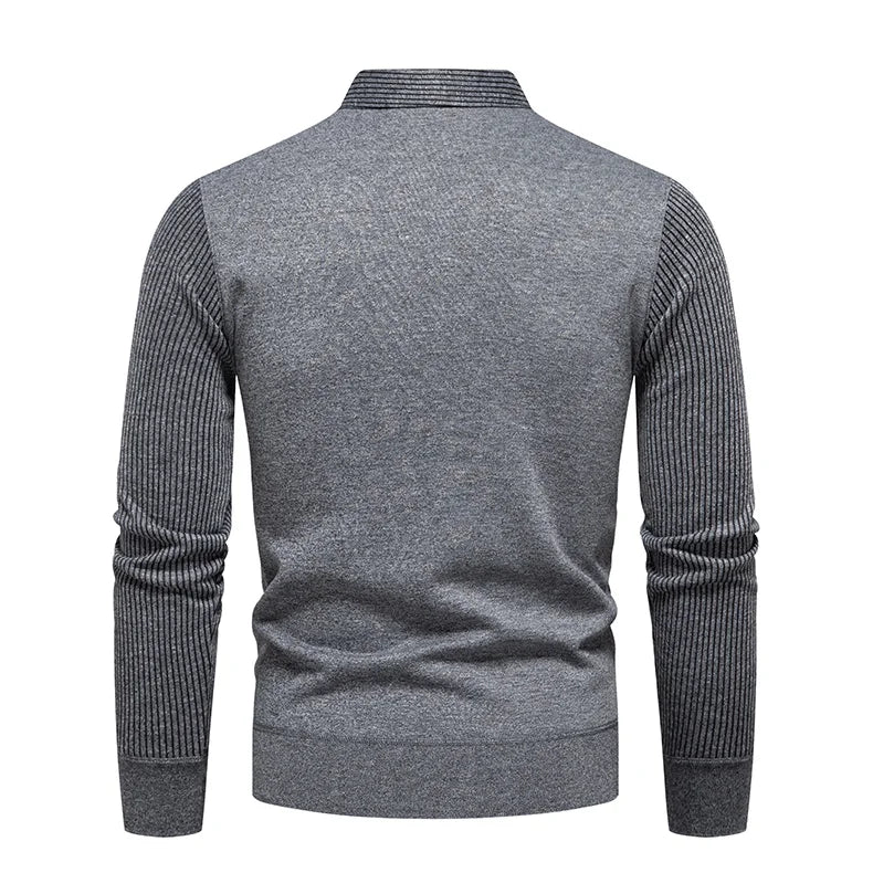 Autumn and Winter New Men's Fake Two Piece Sweater with Fleece and Slim Fit Polo Collar Knitted Bottom Shirt Thickened and Warm