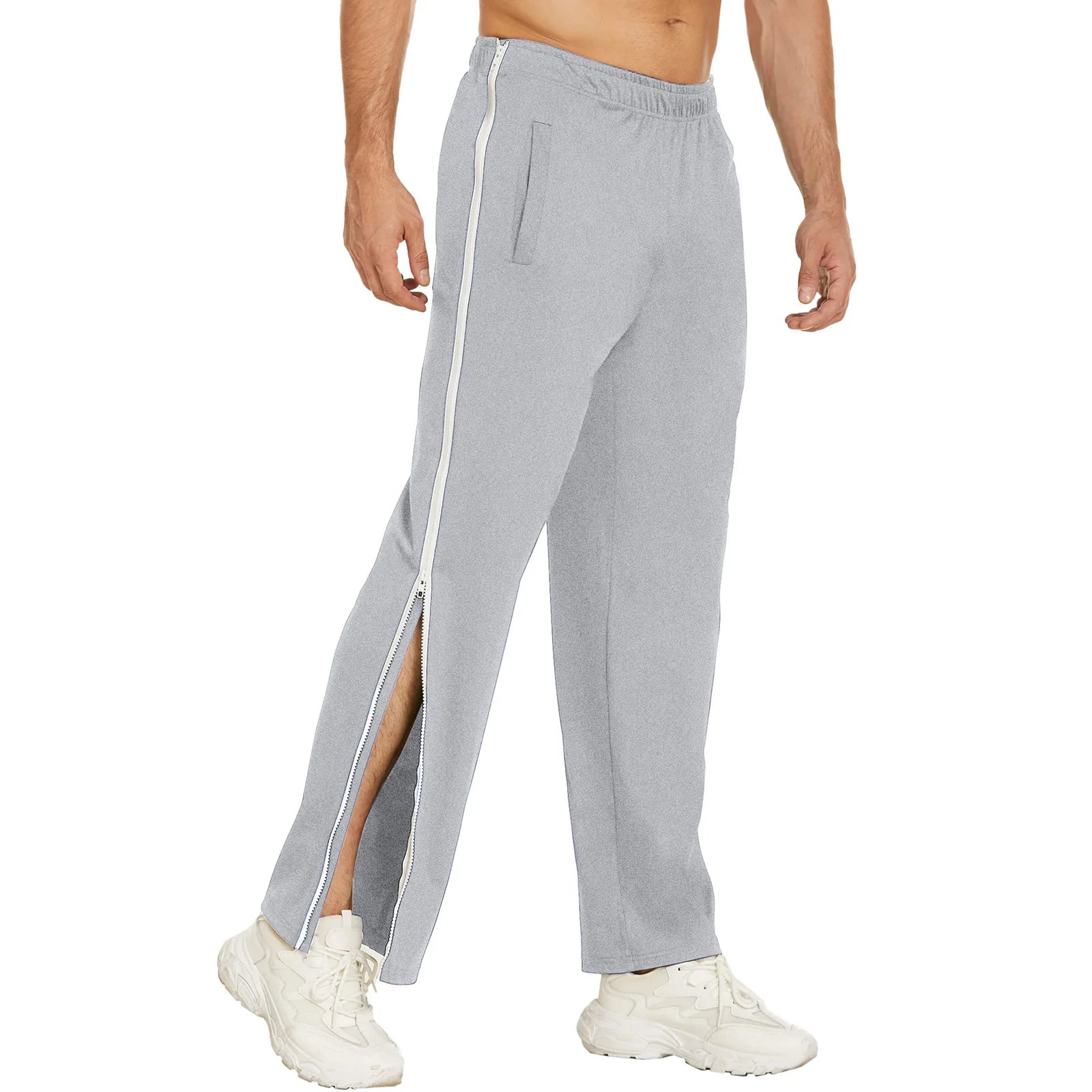 Men Athletic Pants, Elastic Waist Zip-up Trousers Casual Pants.