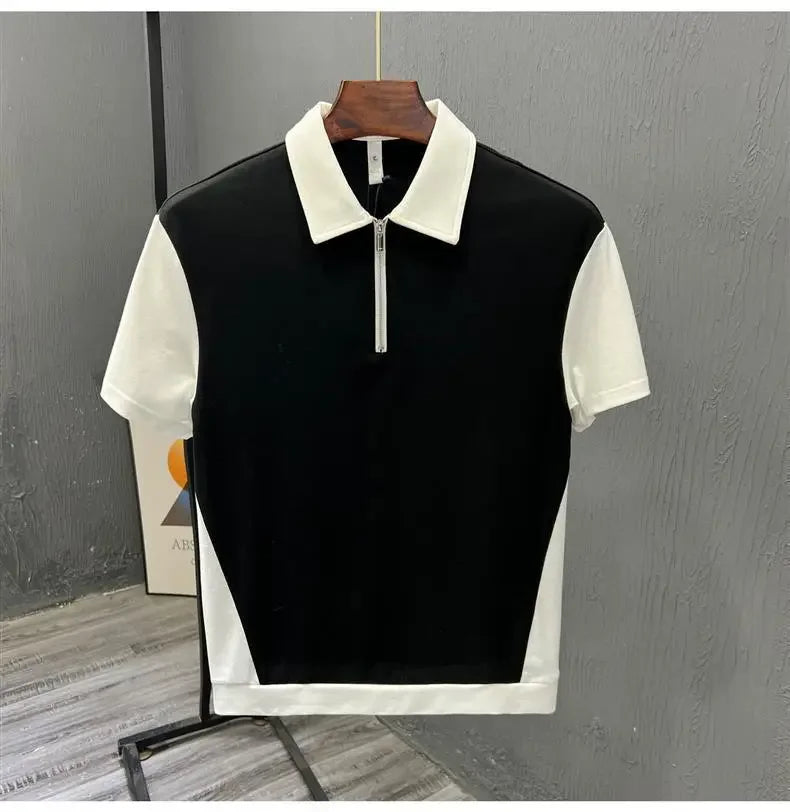 Fashionable Half-zipped Men's Polo Shirt Casual Color Block Short Sleeves Summer Trendy Lightweight Style Men's T-shirt