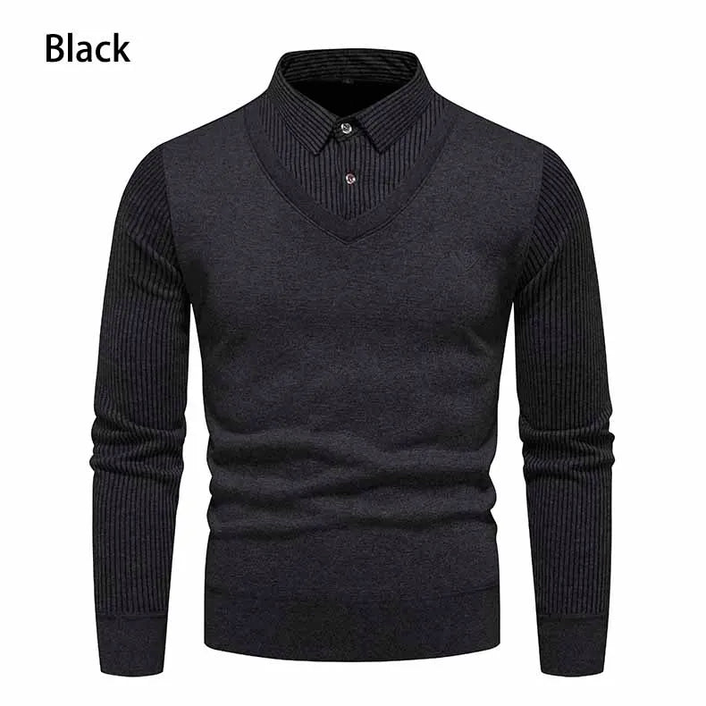 Autumn and Winter New Men's Fake Two Piece Sweater with Fleece and Slim Fit Polo Collar Knitted Bottom Shirt Thickened and Warm