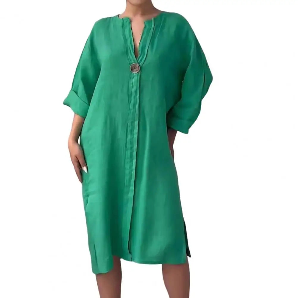 Soft Fabric Women Dress Button V-neck Dress Women's 'fashion/MH