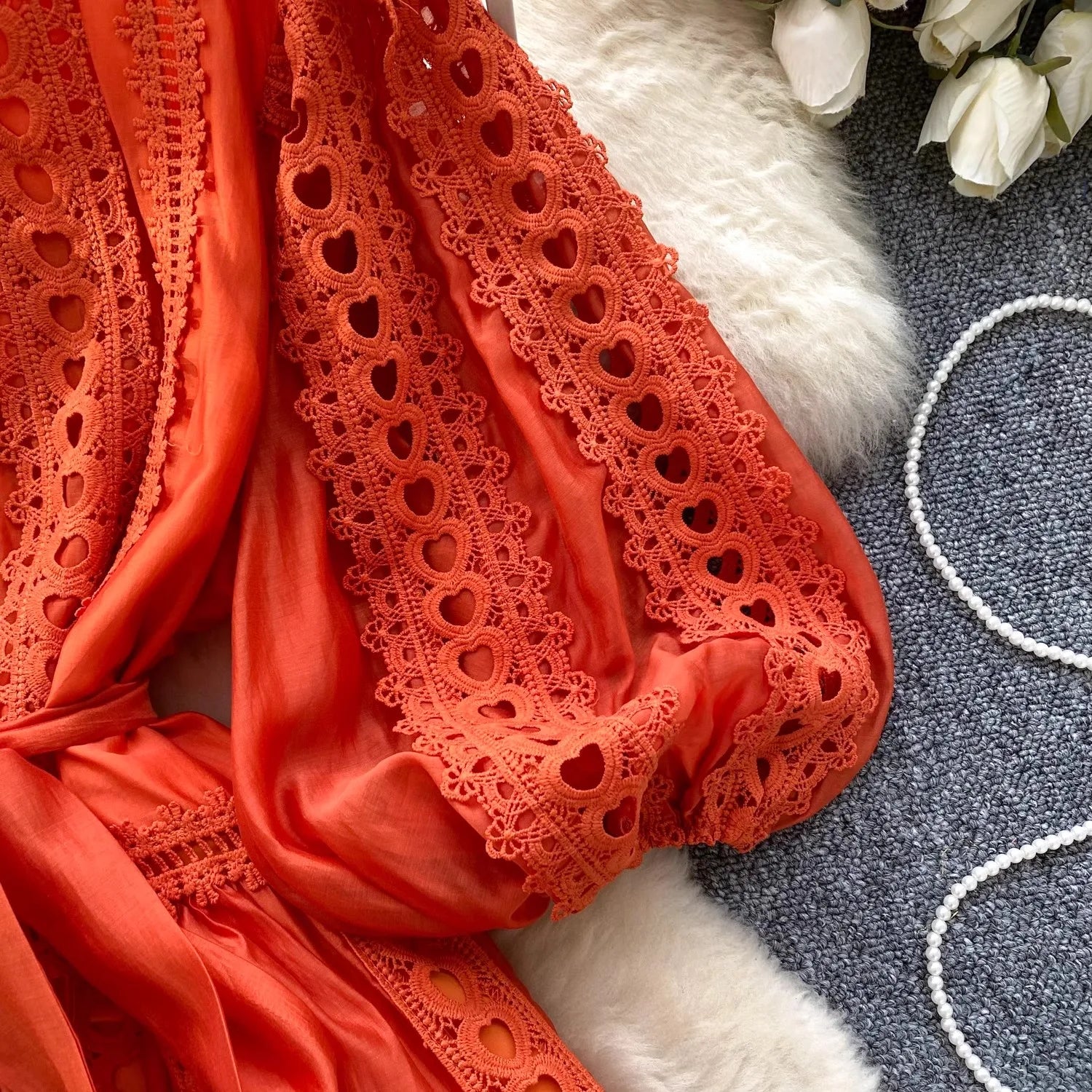 Spring Summer Embroidery Lace Stitching Hollow Out Midi Dress Women's Stand Collar Single Breasted Belt Loose Party Vestidos