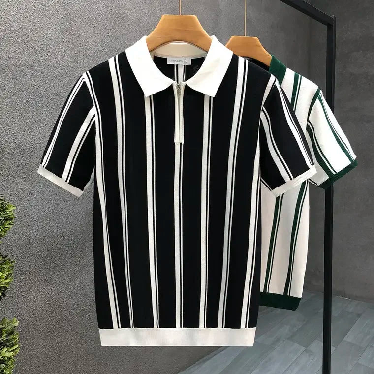 Men's Clothing Polo Shirt Summer Short Sleeve Korean Style Slim Fit Solid Color Casual Trendy Versatile Striped Casual