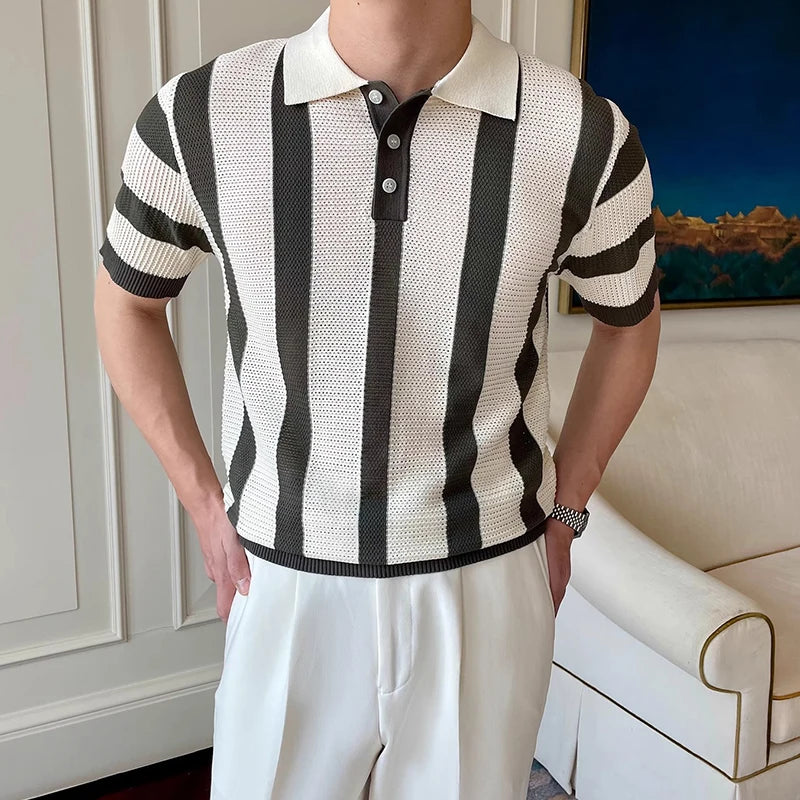 Stylish Mens Slim Short Sleeve Polo Shirts Knitting Striped Contrast Color Polo T Shirt For Men Summer New Casual Buttoned Polos
