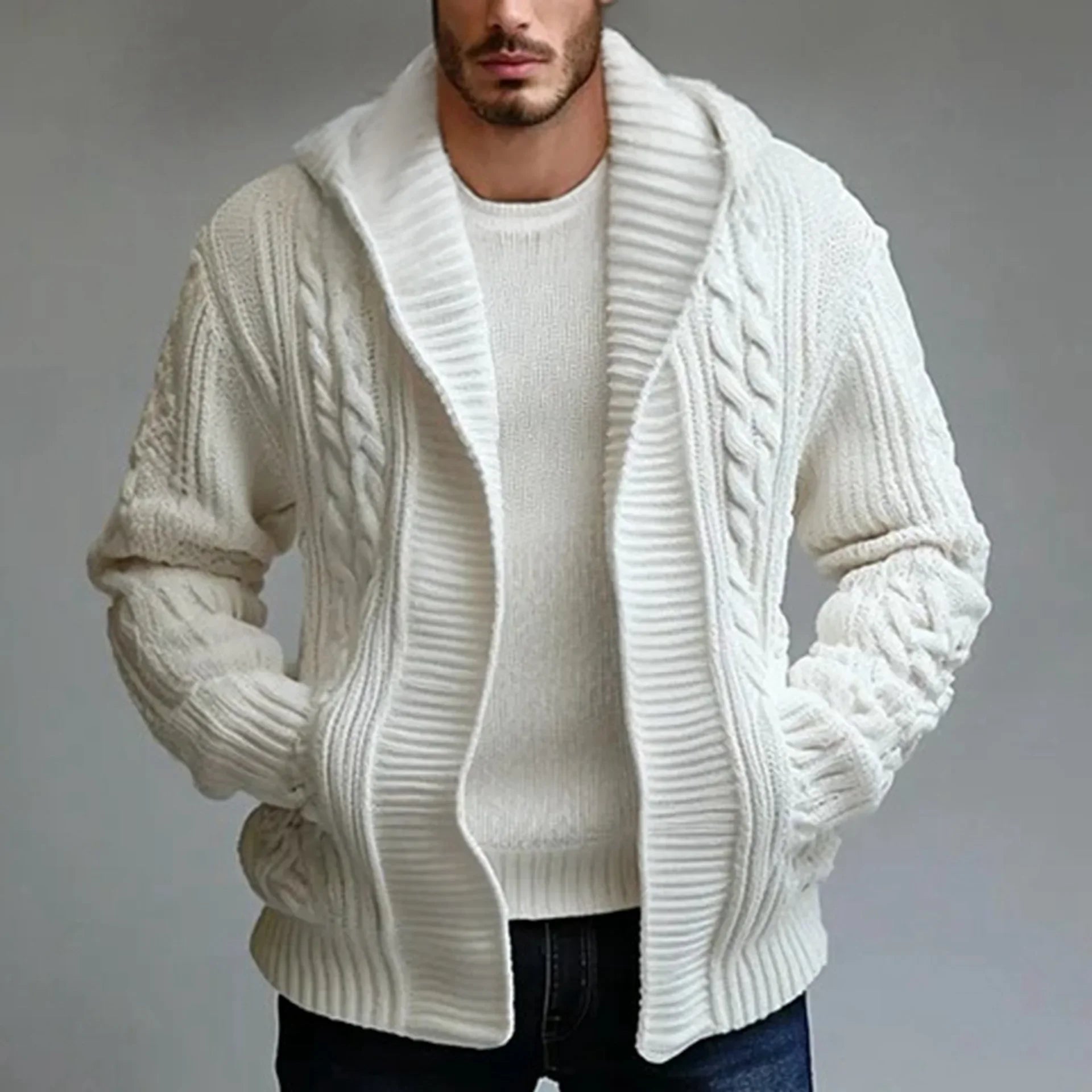 Men Cardigan Sweaters Hooded Coat Full Sleeve Solid Coats Casual .