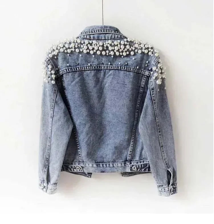 Pearl Denim Coat Women Cotton Spring Autumn Ropa Cardigan Jeans,