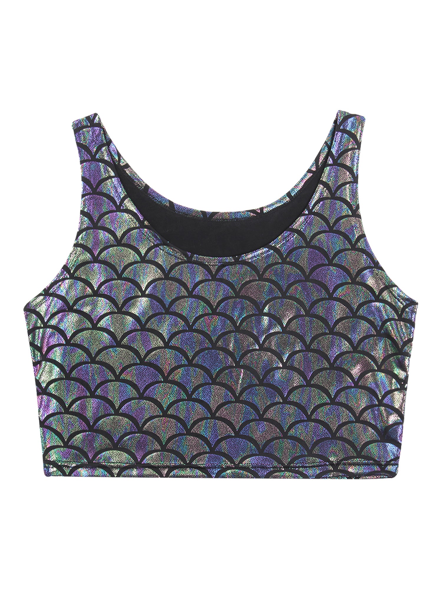 Women Shiny Metallic Crop Top Y2K Mermaid Fish Scale Print Cropped Tank Top Vest Festival Rave Pole Dance Costume Party Clubwear