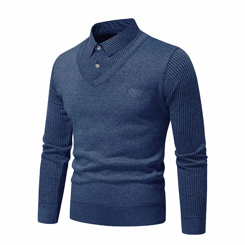 Autumn and Winter New Men's Fake Two Piece Sweater with Fleece and Slim Fit Polo Collar Knitted Bottom Shirt Thickened and Warm