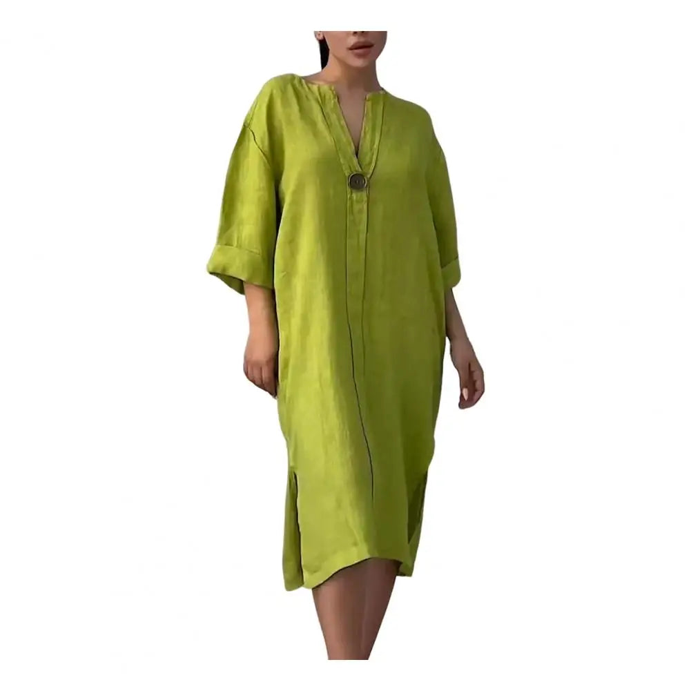Summer Women Dress V Neck Side Split Loose Pullover Button women fashion'/MH