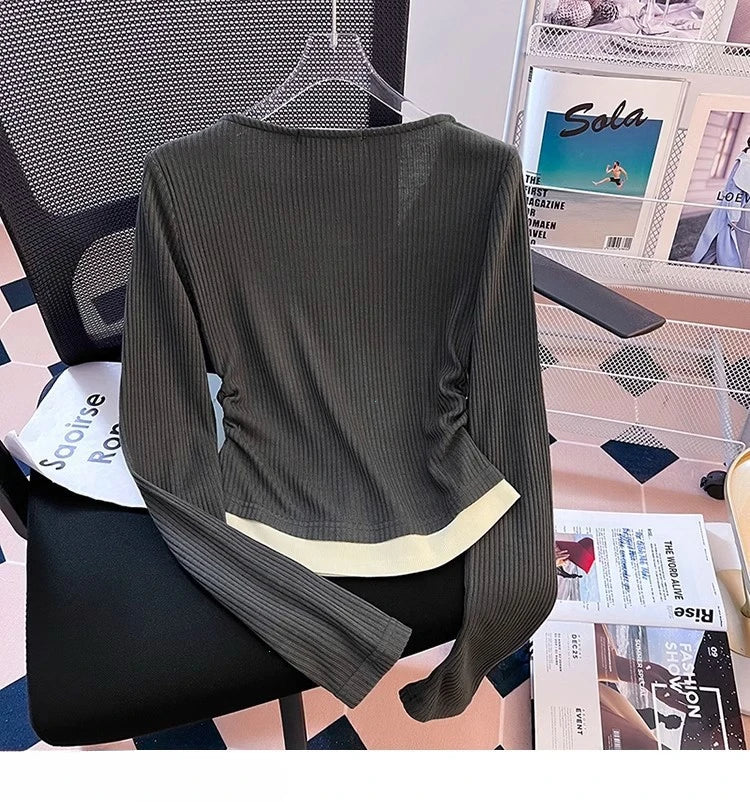 Plus Size Casual Retro Long Sleeves Knitting T-Shirt Women's Spring Fake Two-Piece Shoulder T-shirt Chubby Girl Slim Fit Slim...