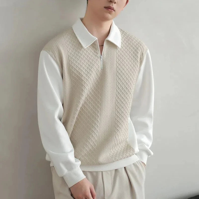 Trend Fashion Men Polo Shirts Spring Autumn New Lapel Half Zipper Fake Two Pieces Contrast Color Korean Casual Long Sleeve Tops