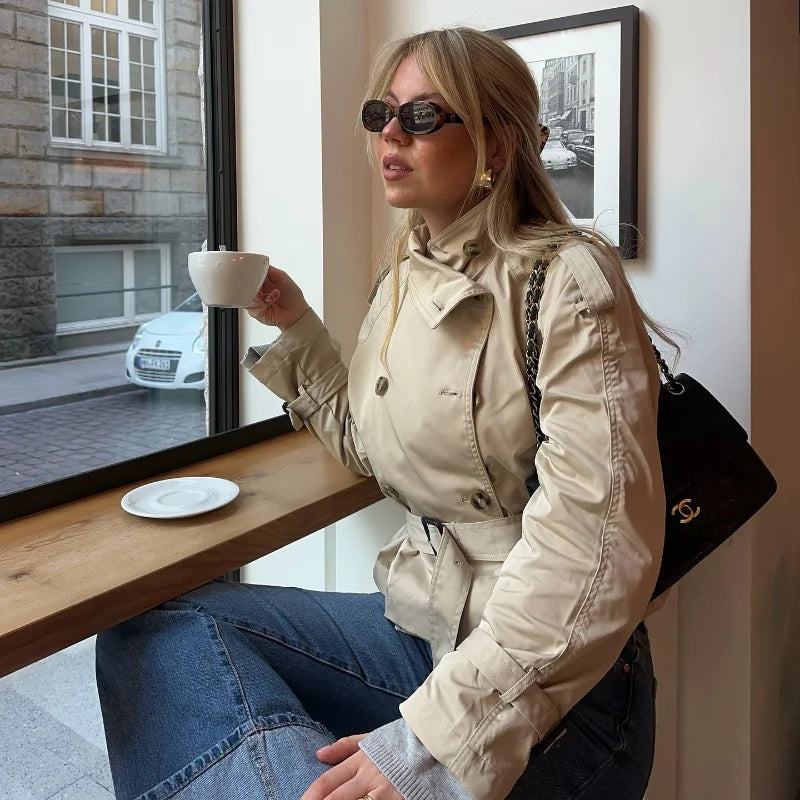 Fashion Women's Short Belt Jackets Long Sleeve Stand Collar Double Breasted Female Coat 2025 Autumn Lady Solid Outwear