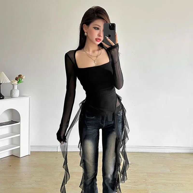 Ruffle Irregular Long Sleeve Women T Shirt Y2K Fashion Streetwear Patchwork Asymmetrical Top Korean Chic Sheer Mesh Ladies Tees
