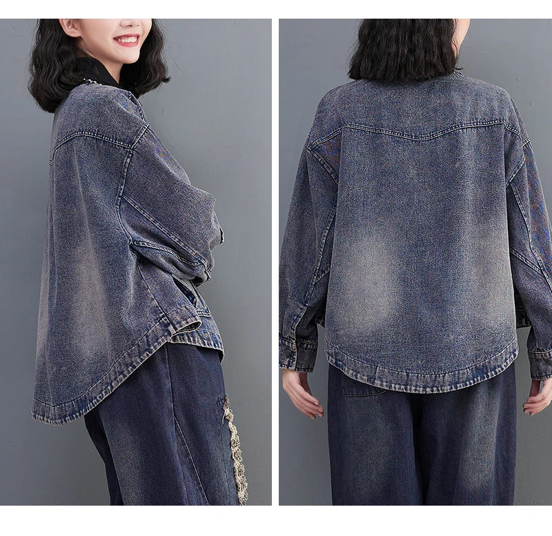 Women Long Sleeve  Denim Jackets Big Pocket Vintage Blue Short Coat .
