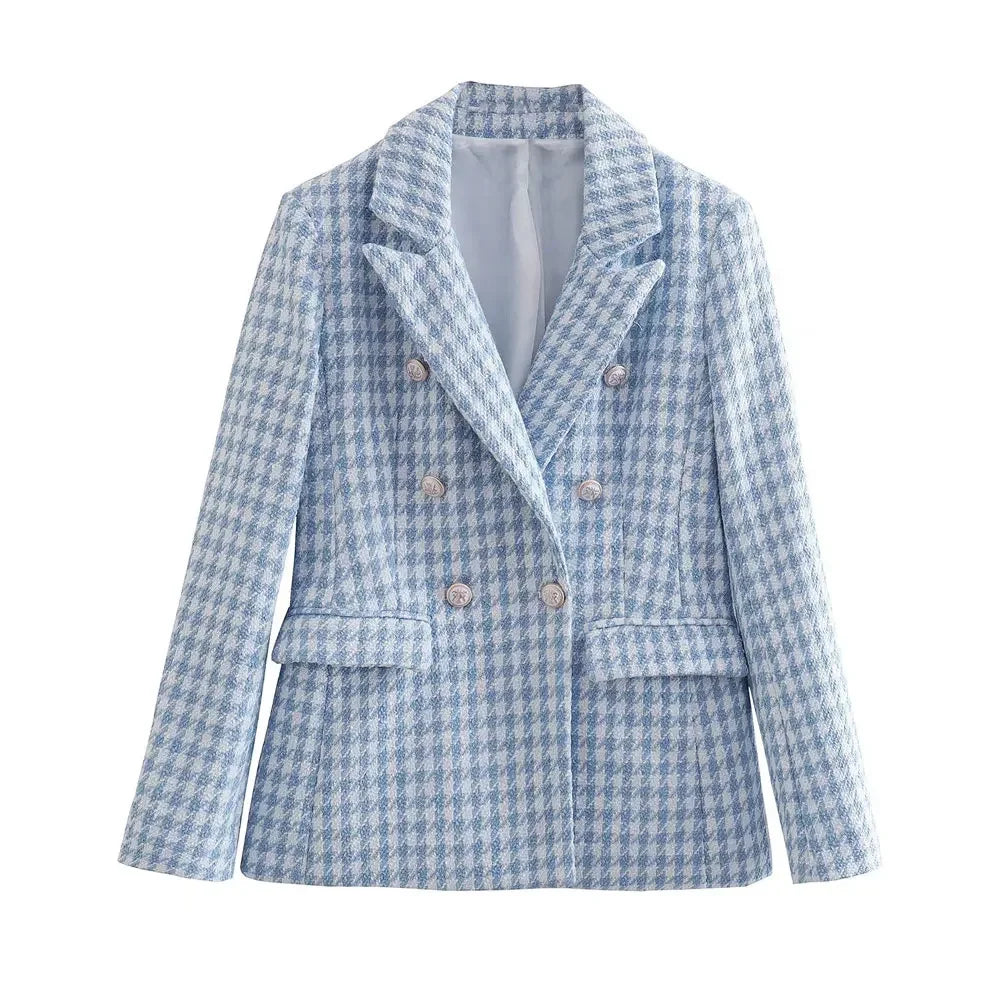 Women Fashion Houndstooth Double Breasted Tweed Blazer Coat .