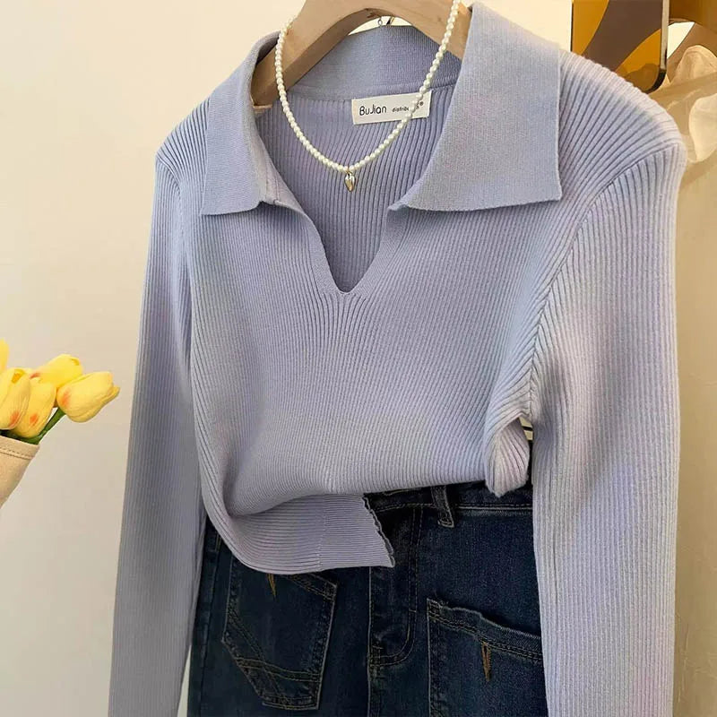 Women Clothing Vintage Fashion Solid Turn-down Collar Pullovers.