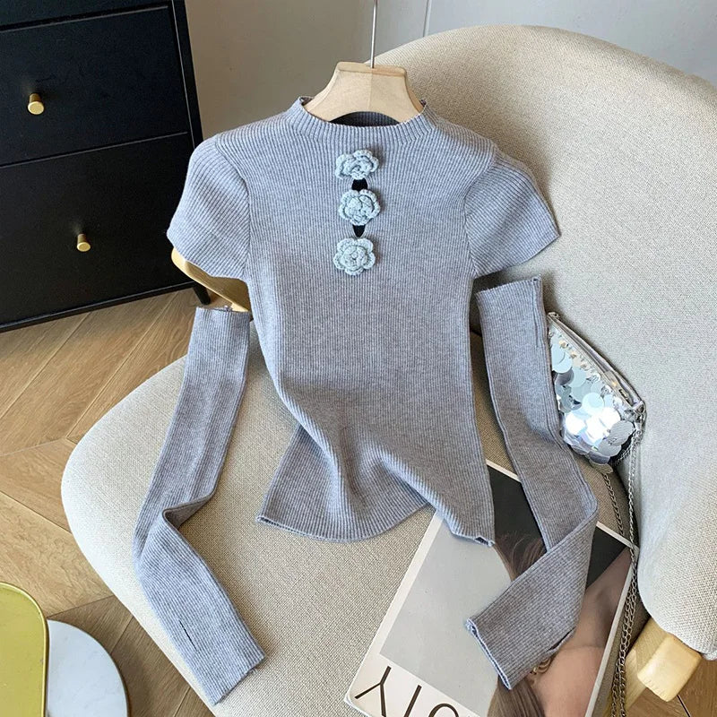 Women's Clothing Fashion Floral Solid Knitted Sweaters Spring Summer Elegant Slim O-neck Long Sleeve Tops