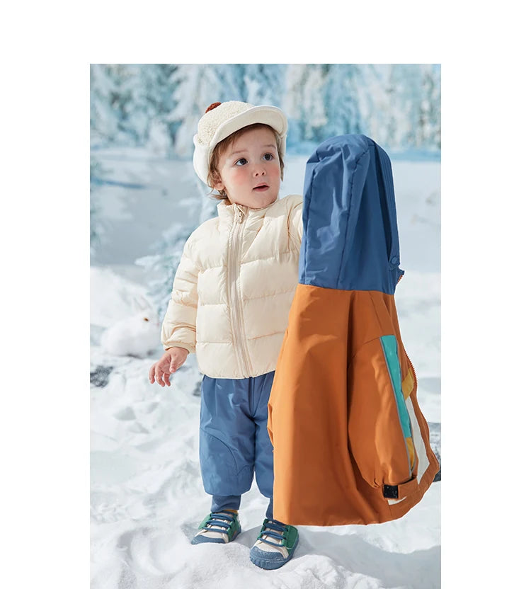 Amila Baby Down Jacket 2024 Winter New Boys Girls Fashion Patchwork Hooded Warm Overcoat Three in One with Pockets Kids Clothing
