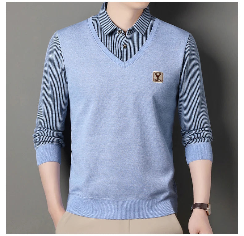 Men's Winter Sweater Fashion Polo Shirt Pullover Slim Fit Elegant Luxury Brand Knitwear Fake Two Pieces Knitted Sweaters
