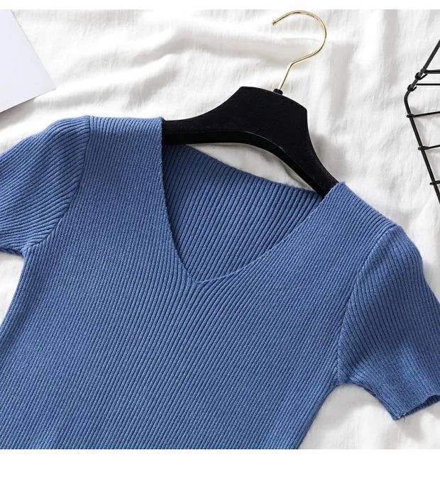 V-neck Solid Thin Summer Women Pullover Female Knitted Ribbed Sweater.