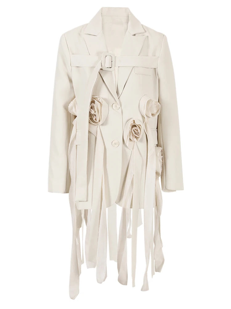 ZMEENNA Beige Flower Irregular Long Blazer Women.