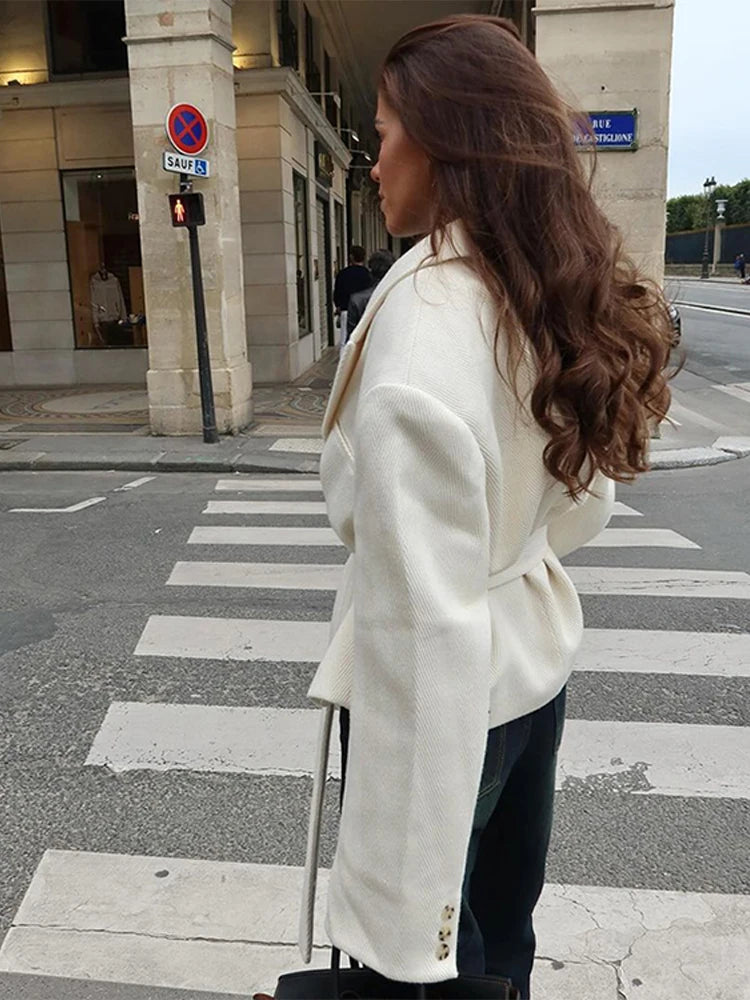 Lace Up Twill Coat Jacket Waist Cinching Suit Collar Two Buttons.