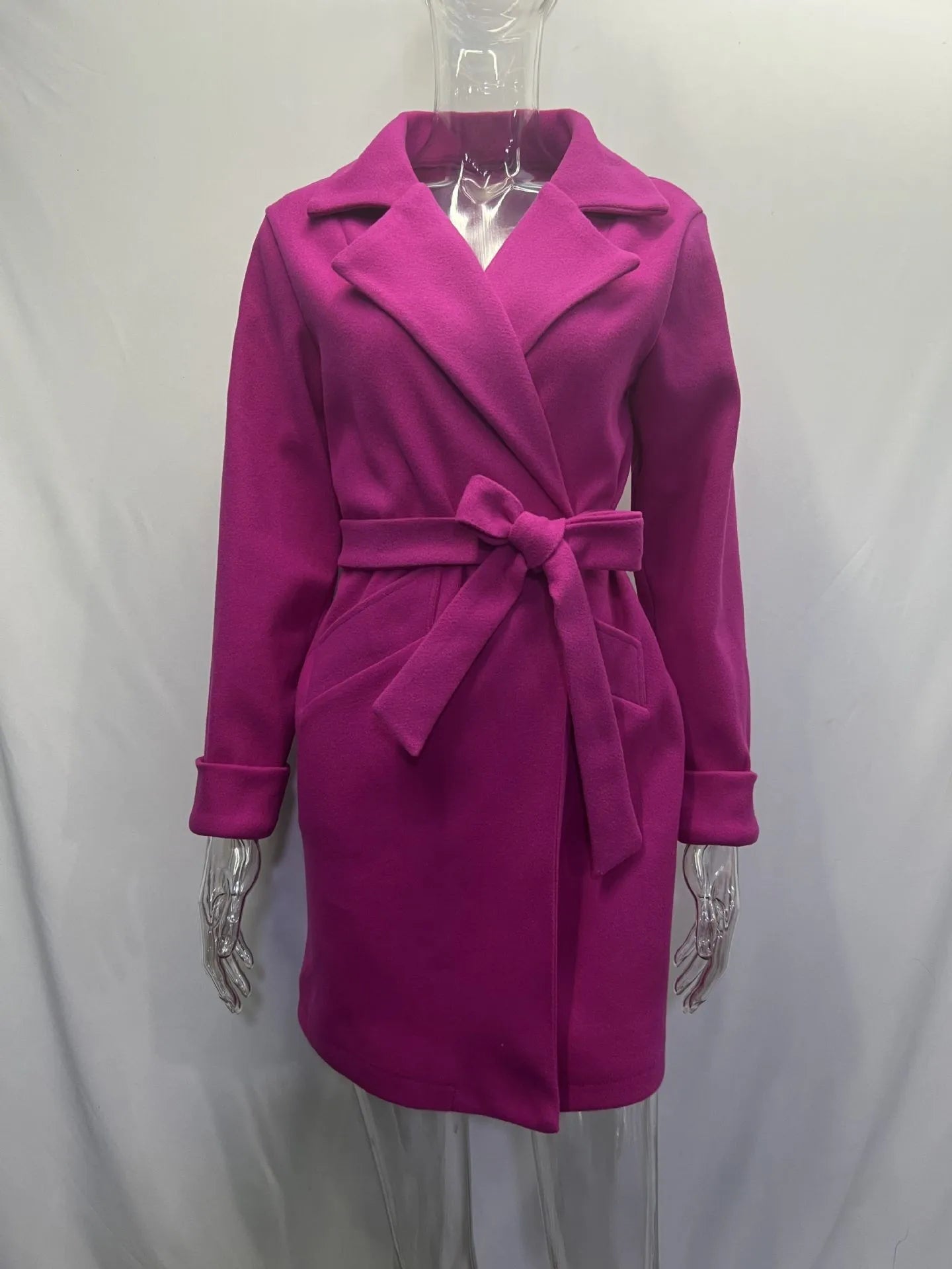 Women Hot Pink Trench Coat Casual Mid Long Overcoat.
