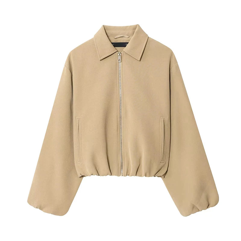 Casual Solid Zipper Lapel Short Jacket Women Long Sleeve .